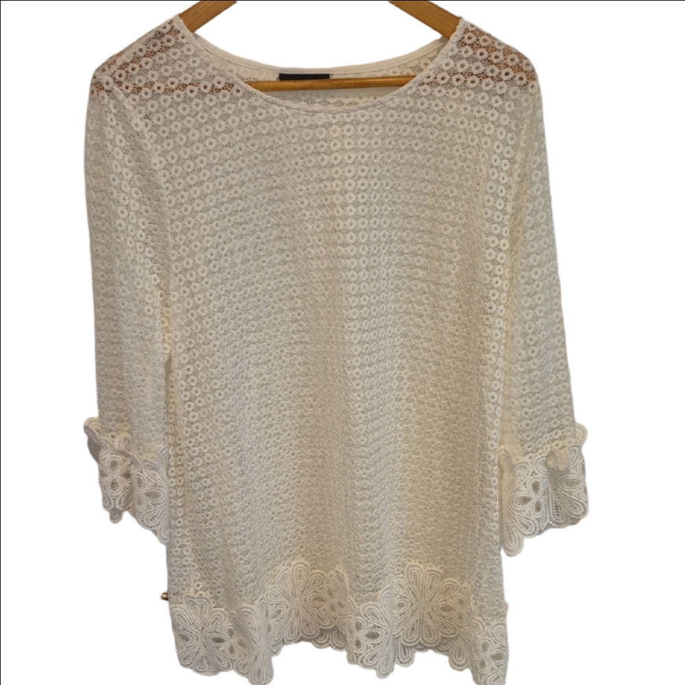 Alfani Cream Crochet Tunic with Floral Lace Hem And Bell Sleeve